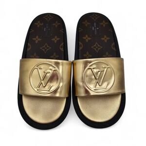 Louis Vuitton Sunbath Slide Sandal Flat Gold Brown Monogram Canvas Size 38 US 8